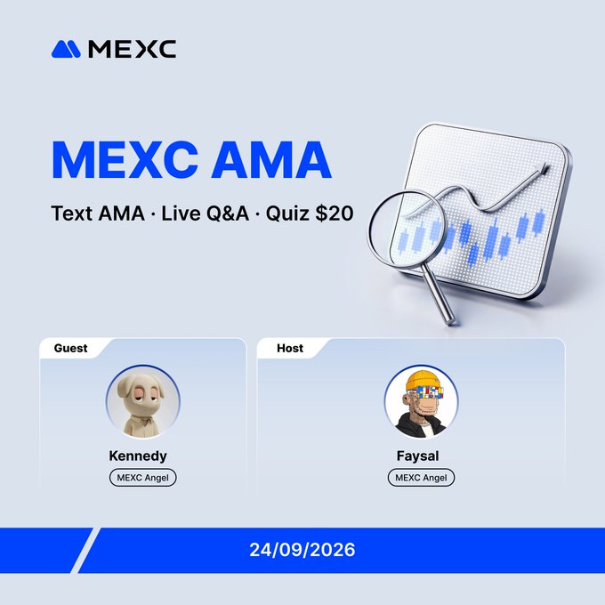 A MEXC AMA promotional graphic for 24/09/2026 featuring guests Kennedy and Faysal, both labeled as MEXC Angel, with text reading 'Text AMA · Live Q&A · Quiz $20'.