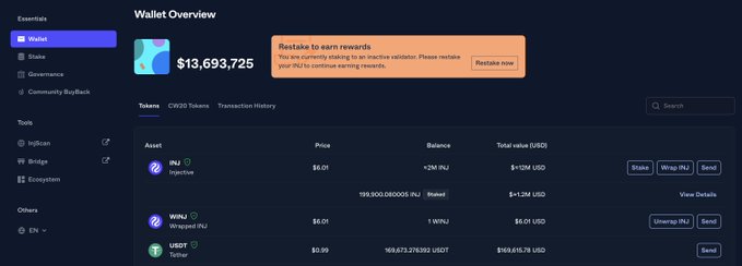 A cryptocurrency wallet overview dashboard showing a total balance of $13,693,725 in INJ (Injective), WINJ (Wrapped INJ), and USDT (Tether) tokens, with a notice about restarting to earn rewards.