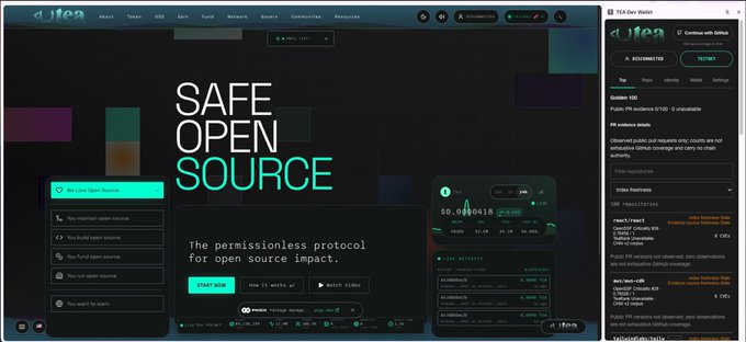 A screenshot of a website titled 'SAFE OPEN SOURCE' describing a permissionless protocol for open source impact, with a Pump.fun wallet panel open on the right side.