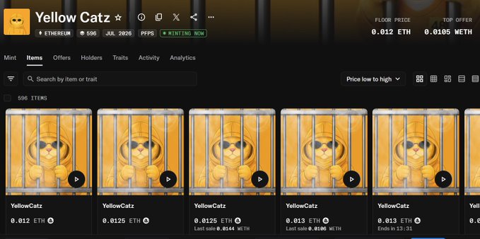 NFT marketplace listing for the 'Yellow Catz' collection on Ethereum (596 items), showing a floor price of 0.012 ETH and top offer of 0.0105 ETH, with individual cat cards priced around 0.0125–0.013 ETH.