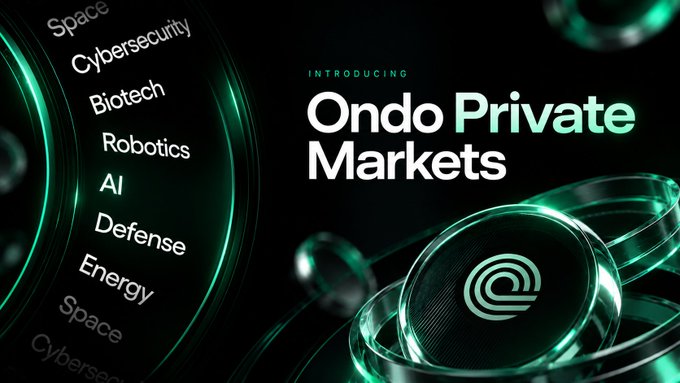 A promotional banner reading 'INTRODUCING Ondo Private Markets' with categories listed on the left including Space, Cybersecurity, Biotech, Robotics, AI, Defense, and Energy, set against a dark green background with circular design elements.