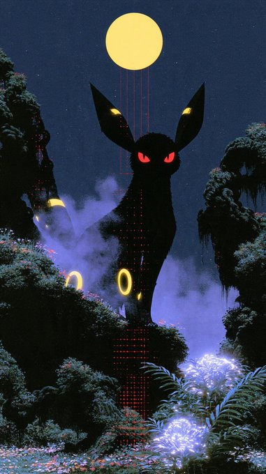An artistic illustration of a black cat-like creature with glowing red eyes and a yellow crescent moon marking, sitting among lush dark foliage under a full moon in a mystical nighttime forest setting.