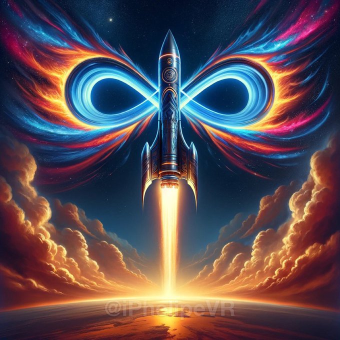 A vibrant sci-fi illustration of a rocket launching into a cosmic sky, leaving a bright trail and surrounded by swirling blue and orange energy forming an infinity symbol, watermarked '@iPhetTheVR'.