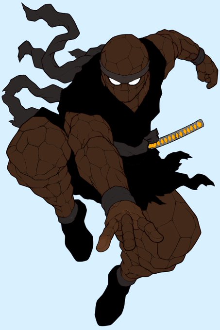 A digital illustration of a muscular ninja-like character in dark clothing with a headband, wielding a katana with a yellow hilt, set against a light blue background.