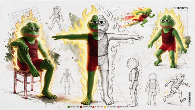 A meme-style character design sheet featuring a Pepe-like green frog character in various poses and outfits, including one wrapped in flames with 'BUILT DIFFERENT' text, surrounded by sketches and character studies.