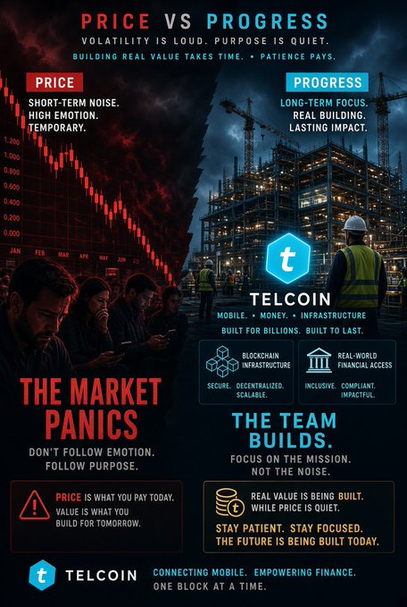 A promotional poster for **TELCOIN** contrasts "Price vs. Progress," with the left side showing a red crashing stock chart labeled "THE MARKET PANICS" and the right side depicting construction workers building a structure under the heading "THE TEAM BUILDS," reinforcing the post's message that real value comes from long-term fundamentals rather than short-term price volatility.