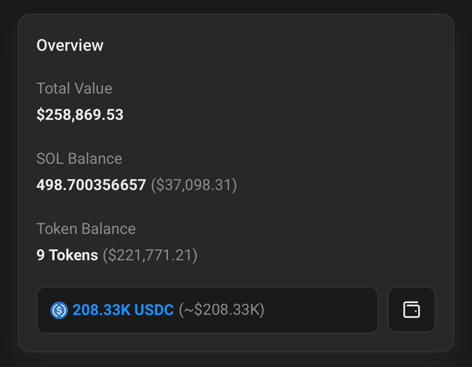 A crypto wallet overview displaying a Total Value of $258,869.53, including 498.7 SOL ($37,098.31), 9 Tokens ($221,771.21), and 208.33K USDC (~$208.33K), supporting the post's claim of nearly $200K in USDC funding from a developer.