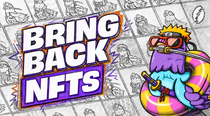 The image features a cartoon illustration of a man wearing sunglasses and holding a sword, surrounded by various other characters. The text "Bring Back Nfts" is written above the illustration, indicating that this is an advertisement for a product or service related to NFTs (Non-Fungible Tokens). The post also mentions mints from Wingston as a way to bring back NFTs and highlights the character-driven art style of the Wingston universe.