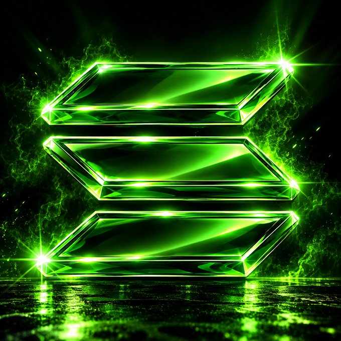 Three stacked, glowing green translucent rectangular prisms arranged like layers with a wet reflective floor and dark background.