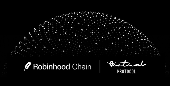 A black graphic with white dots forming a dome/arch shape above the logos for 'Robinhood Chain' and 'Virtual Protocol'.