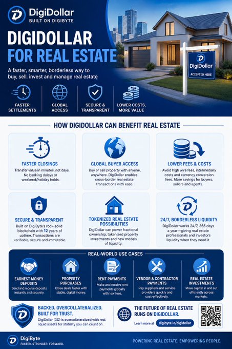 An infographic for DigiDollar, 'BUILT ON DIGIBYTE,' promoting 'DIGIDOLLAR FOR REAL ESTATE' with benefits like faster closings, global access, and lower fees, plus real-world use cases.