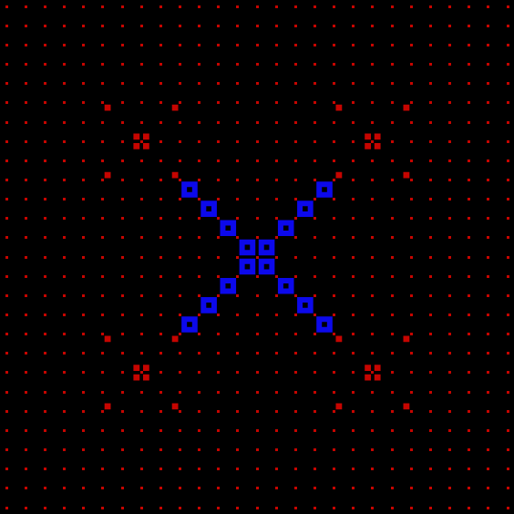 An abstract digital artwork featuring a central blue X-like shape made of squares with hollow centers, surrounded by scattered red dots and clusters on a black background.