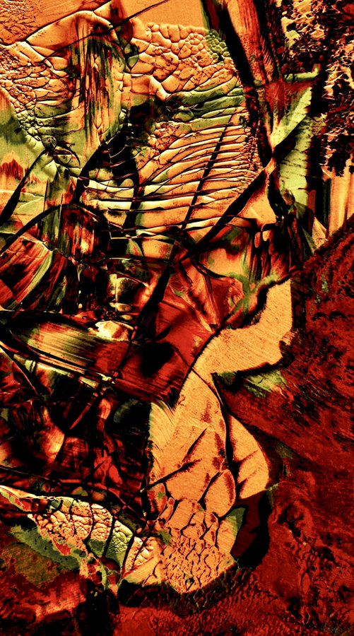The image features a painting with an abstract design that appears to be made up of multiple layers, giving it a textured appearance. The painting has a reddish-brown hue, which contrasts with the gray background. The artist's signature can be seen in the bottom right corner of the image. The post mentions that this artwork is "very cool" and "very weird", suggesting that it might not appeal to everyone but could be intriguing for those who appreciate abstract art or unconventional styles.