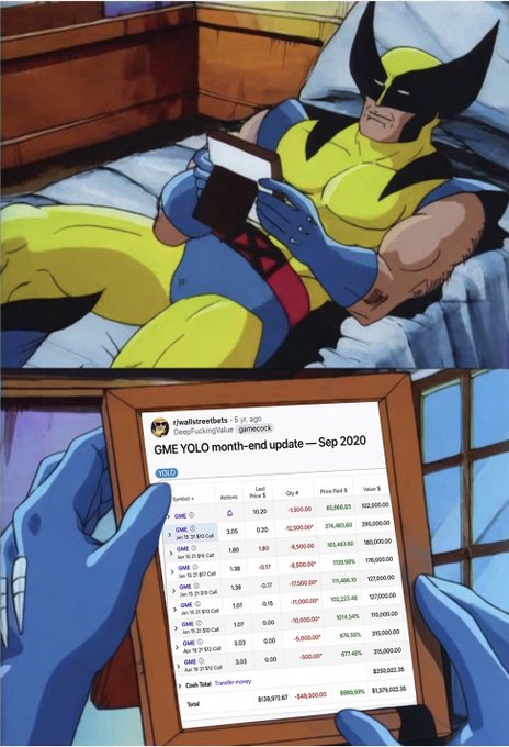 A meme image showing Wolverine lying in bed reading a framed printout of a Reddit post from r/wallstreetbets titled 'GME YOLO month-end update — Sep 2020' detailing GameStop call option positions.
