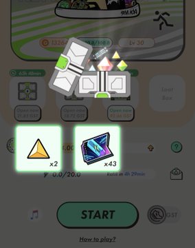 A mobile game interface displaying various item icons (squares, triangles, gems) with inventory counts and 'Open now' timers above a green 'START' button.