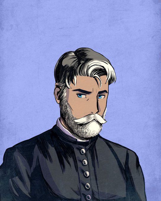 An illustrated portrait of a bearded man with dark hair featuring a white streak, blue eyes, and wearing a dark buttoned jacket against a light purple background.