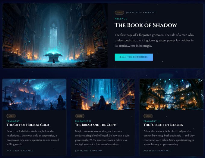 Dark-themed website interface for a lore/story section titled 'The Book of Shadow' with articles including 'Preface', 'The City of Hollow Gold', 'The Bread and The Coins', and 'The Forgotten Ledgers'.