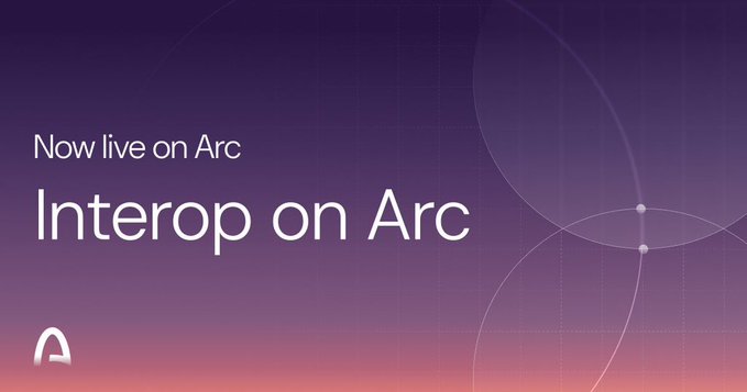 A promotional graphic with a purple gradient background displays the text 'Now live on Arc' and 'Interop on Arc' next to the Arc logo.