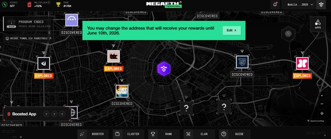 The image shows a map with various icons representing different rewards, such as " megaeth. com" and " megaeth. net". The map displays the locations of these rewards, including a purple circle indicating a reward for selling half an Xeet card. The text in the image suggests that someone has participated in the MegaETH Terminal campaign, which aims to promote the sale of Xeet cards as a means to receive rewards.