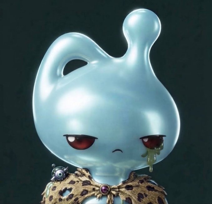 A 3D-rendered silver, blob-like character with a sad expression, droopy red eyes with green liquid dripping from them, and a leopard-print collar.