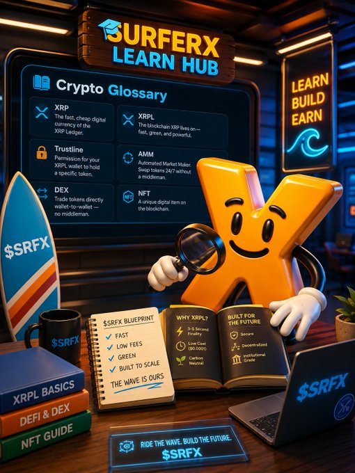 A promotional graphic for 'SURFERX LEARN HUB' featuring a friendly orange 'X' mascot holding a magnifying glass, with a 'Crypto Glossary' screen defining terms like XRP, Trustline, DEX, XRPL, AMM, and NFT, alongside '$SRFX' branded merchandise including a notebook listing features like 'FAST', 'LOW FEES', and 'GREEN', and books titled 'WHY XRPL?' and 'BUILT FOR THE FUTURE'.