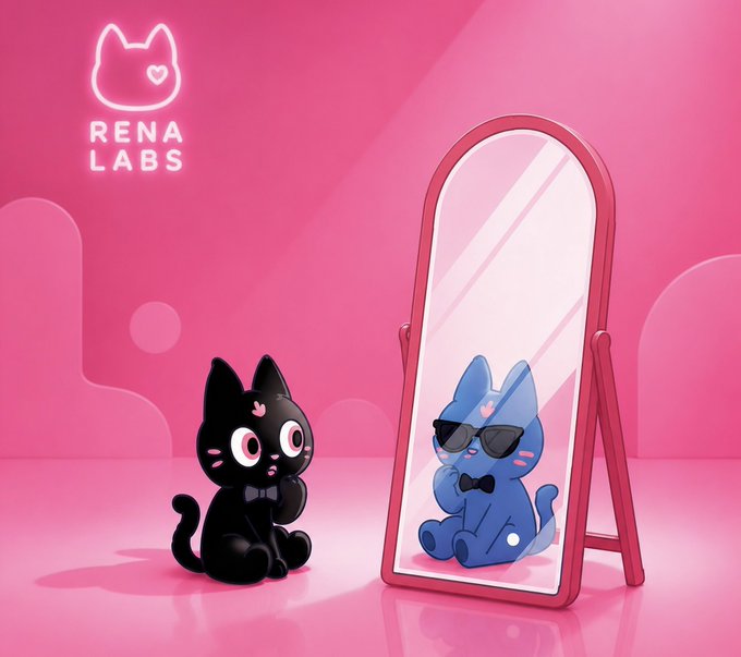 A black cartoon cat with a bowtie sits beside an arched mirror that reflects a cooler, sunglasses-wearing version of itself, set against a pink background featuring the "RENA LABS" neon logo—visually echoing the post's announcement about Rena Labs' "Insider Scan" tool on Base, where seeing a polished reflection symbolizes how the platform transforms raw market data into a clear, refined overview for over 7,000 users.