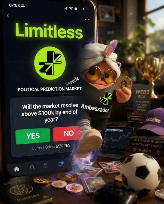 A mockup of a 'Limitless' app interface displaying a political prediction market with the question 'Will the market resolve above $100k by end of year?' and odds of 65% YES, alongside a 3D character holding a Bitcoin.