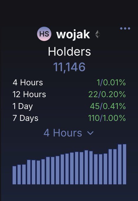 A crypto token tracker shows 'HS wojak' with 11,146 Holders, displaying growth metrics of 1/0.01% (4 Hours), 22/0.20% (12 Hours), 45/0.41% (1 Day), and 110/1.00% (7 Days) along with a 4-hour bar chart.