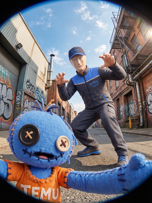 An image featuring a blue stuffed doll with a 'TEMU' shirt in the foreground and a delivery person in a blue and grey Prime uniform with a mask in the background on an urban street.