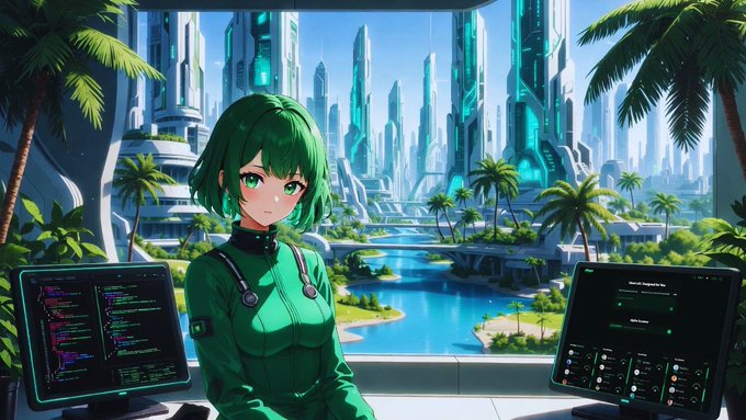 An anime-style illustration of a green-haired character in a green outfit with headphones, sitting at a workstation with code on one monitor and another interface on the second, overlooking a futuristic city with palm trees and water.