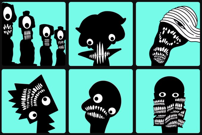 Six black silhouette monsters with sharp teeth and varied shapes are displayed against teal backgrounds in a comic-strip grid layout.