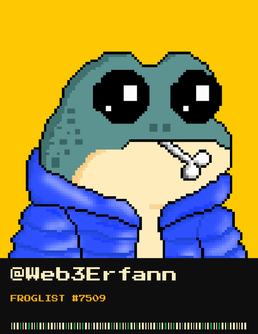 A pixel art frog wearing a blue puffer jacket and oversized reflective sunglasses is displayed against a yellow background, labeled "@Web3Erfann" and "FROGLIST #7509," representing the user's frog NFT on the ZecFrogs collection.