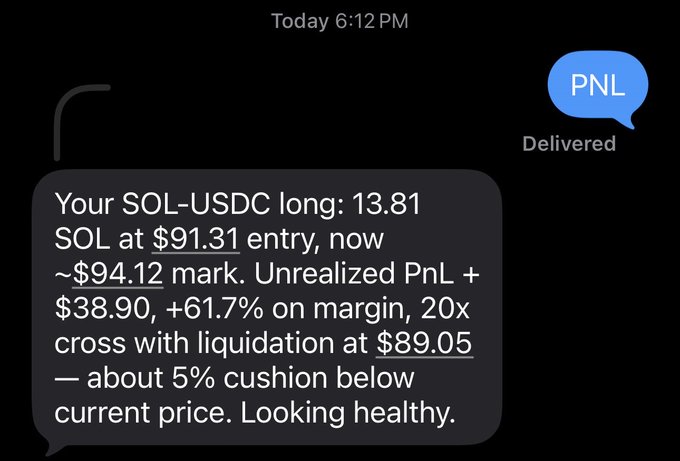 A text message from 'PNL' reports on a SOL-USDC long position: 13.81 SOL at $91.31 entry, now ~$94.12, with unrealized PnL of +$38.90 and 20x cross leverage.