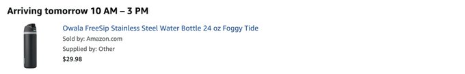 The image shows an Amazon order confirmation for an "Owala FreeSip Stainless Steel Water Bottle 24 oz Foggy Tide" priced at $29.98, arriving tomorrow between 10 AM and 3 PM. This illustrates a real-world purchase made through HoodCard, complementing the post about earning tokenized RWA cashback on RobinHood for using the service.