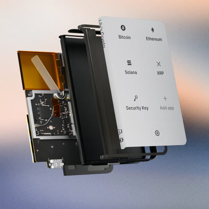 A Ledger hardware wallet is shown in an exploded view, displaying its internal components alongside the front panel which features icons labeled "Bitcoin," "Ethereum," "Solana," "XRP," "Security Key," and "Add app." The image relates to the post's theme of hardware wallet security concerns, visually emphasizing the exposed internal circuitry of the device in the context of user doubts about its trustworthiness.