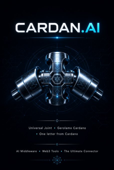 A promotional graphic for 'CARDAN.AI' featuring a metallic universal joint symbol, with text reading 'Universal Joint • Gerolamo Cardano', 'One letter from Cardano', and 'AI Middleware • Web3 Tools • The Ultimate Connector'.