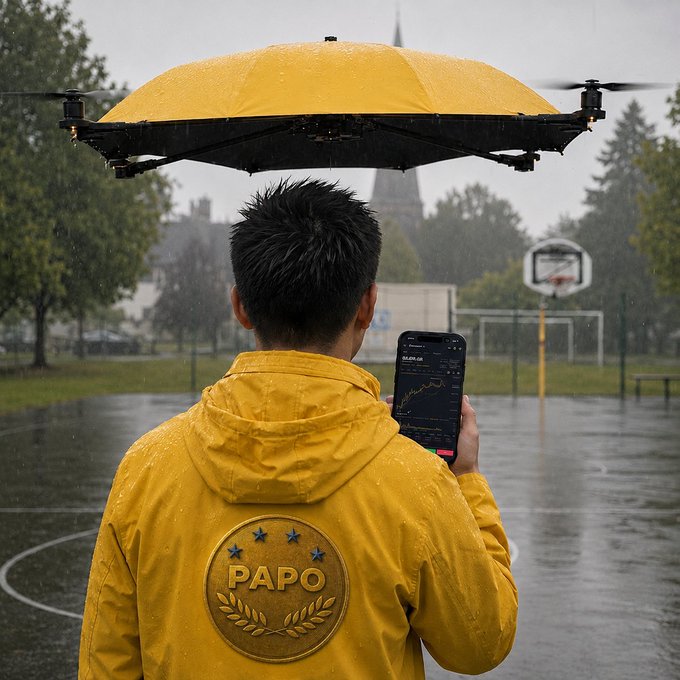 A person in a yellow raincoat with a 'PAPO' logo on the back stands in the rain on a basketball court, holding a phone displaying a trading chart, with a drone carrying a yellow umbrella hovering above them.