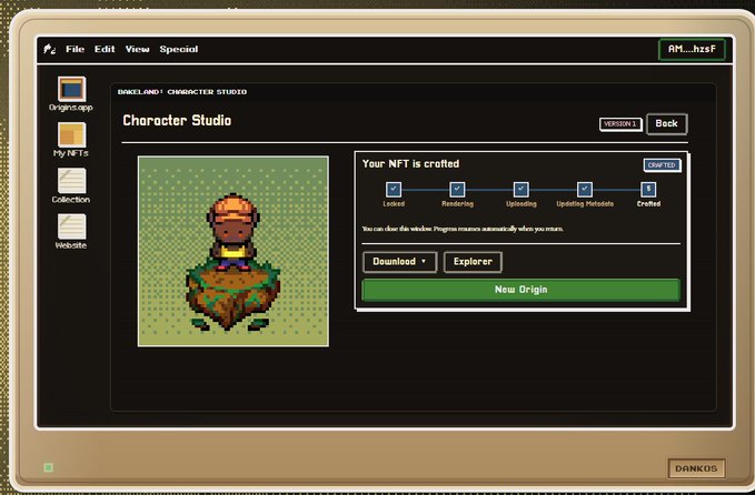 A retro-styled computer interface displaying a 'Character Studio' screen for an NFT creation process, showing a pixelated character on a floating island with progress indicators marked 'Crafted.'