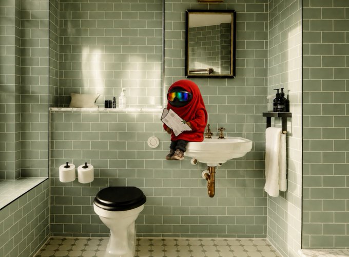A small figure in a red hoodie with a rainbow-colored visor sits on a sink in a green-tiled bathroom, reading a paper above a black toilet seat.