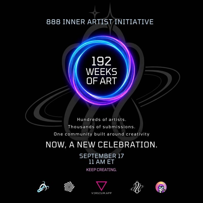 A promotional graphic for the '888 INNER ARTIST INITIATIVE' celebrating '192 WEEKS OF ART' on September 17 at 11 AM ET, with a glowing neon ring design on a black background.