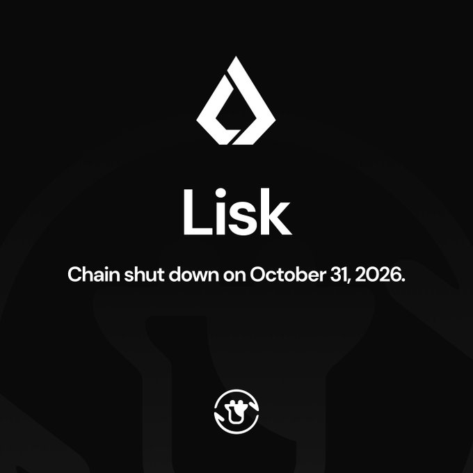 A dark image with the Lisk logo and text reading 'Chain shut down on October 31, 2026.'