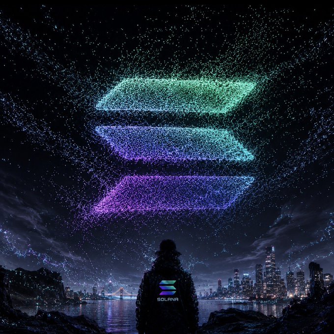 A stylized Solana promotional image showing a glowing green and purple Solana logo made of particles in the night sky above a city skyline, with a hooded figure and the Solana logo in the foreground.
