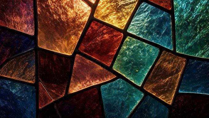 A close-up of a stained glass window with colorful textured panes in shades of red, orange, green, and blue separated by dark leading.
