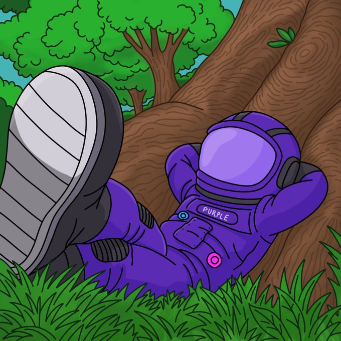 A digital illustration depicts a purple spacesuit labeled 'PURPLE' leaning back against a tree in a grassy area, with its boot prominently in the foreground.