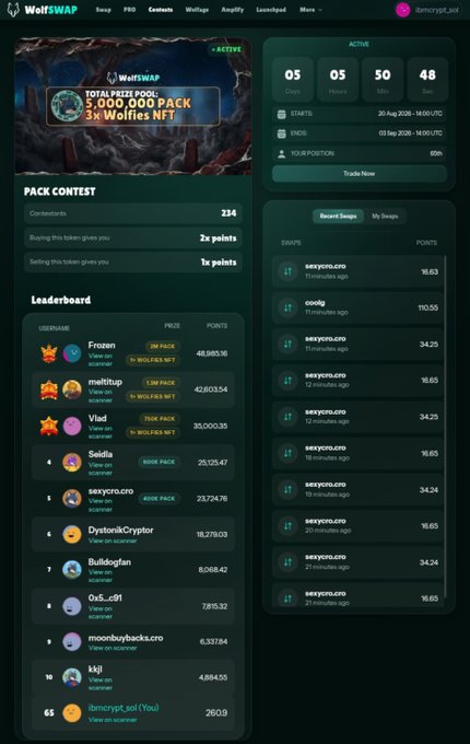A screenshot of a 'WolfSwap' crypto platform page showing a 'Pack Contest' with a leaderboard, a countdown timer, and recent swap activity.
