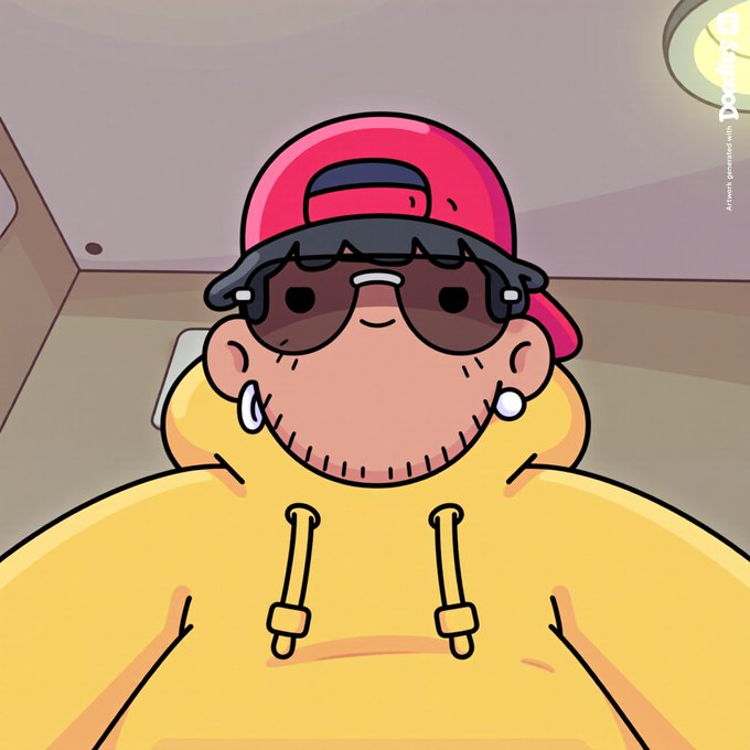 An AI-generated cartoon character with a round face, wearing a pink backwards cap, dark sunglasses, hoop earrings, and a yellow hoodie, drawn in a bold outline style.