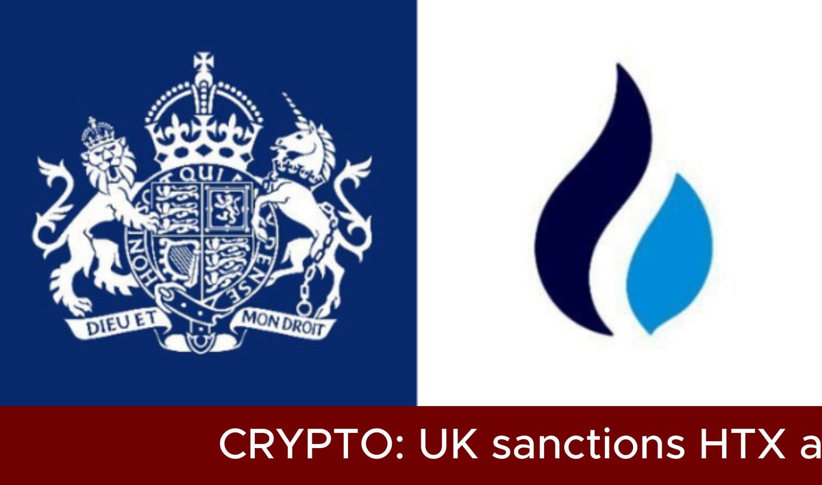 The image features a logo for the UK Foreign Office (FCDOGovUK) and an icon of a flame with blue and white colors, both located at the bottom right corner of the image. The text "Crypto::UK sanctions HTX a" is written in red above the flame, while the text "THE UK FOREIGN OFFICE ( @ FCDOGovUK ) designated Huobi Global S.A. ( @HuobiGlobal )", and "THE RUSSIA SANCTIONS REGIME ON Tuesday." is written below the flame. The image also includes a caption that reads "Focus on what is in the image and how it relates to the post".
