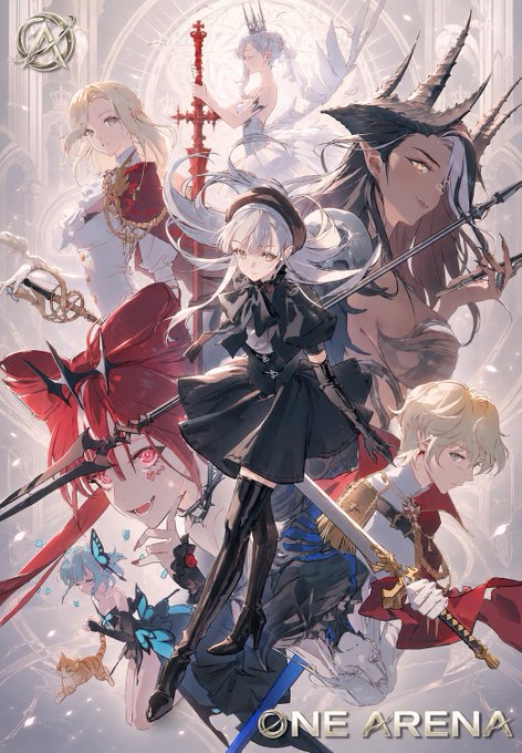 Anime-style promotional illustration for 'One Arena' showcasing several stylized characters, including a central white-haired figure in a black dress wielding a sword, surrounded by other warriors against a stained-glass backdrop.