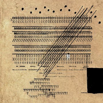 An abstract artwork on aged brown paper displays rows of repeating typographic symbols and numbers, overlaid with diagonal black scratch-like marks and dots.