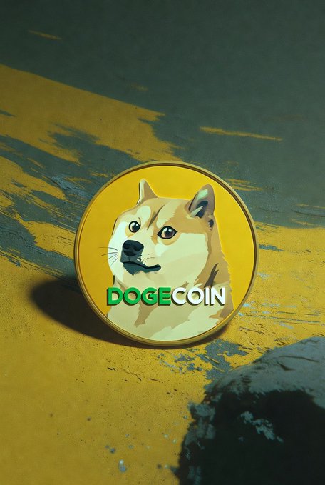 A digital illustration of a Dogecoin coin featuring the iconic Shiba Inu dog face and the text 'DOGECOIN' resting on a textured yellow and dark green surface.